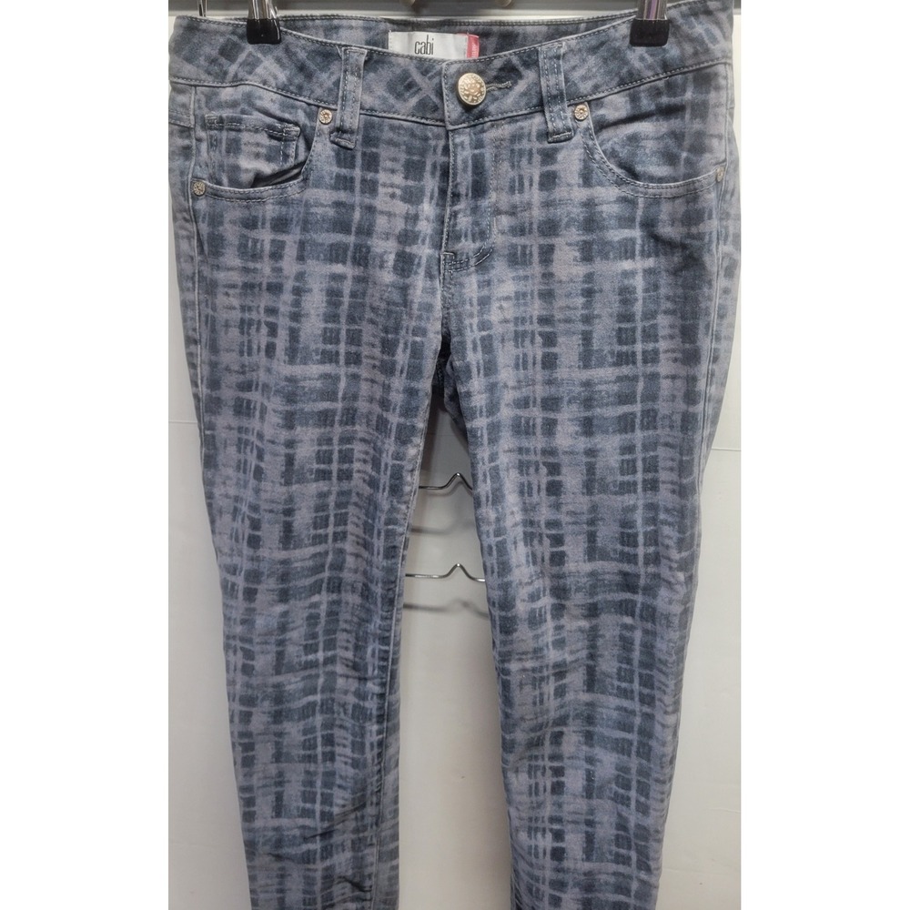Cabi Skinny Jeans Womens 2 Grey Blue Abstract Grid Print Low Rise Denim Pants